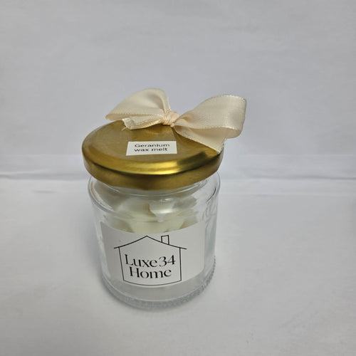 Geranium Wax Melts in reusable mason jar with gold lid and cream ribbon, handmade by Luxe 34 Home