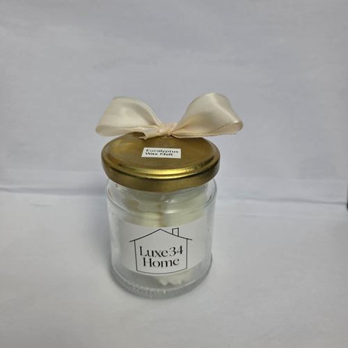 Eucalyptus Wax Melts in reusable mason jar with gold lid and cream ribbon, handmade by Luxe 34 Home