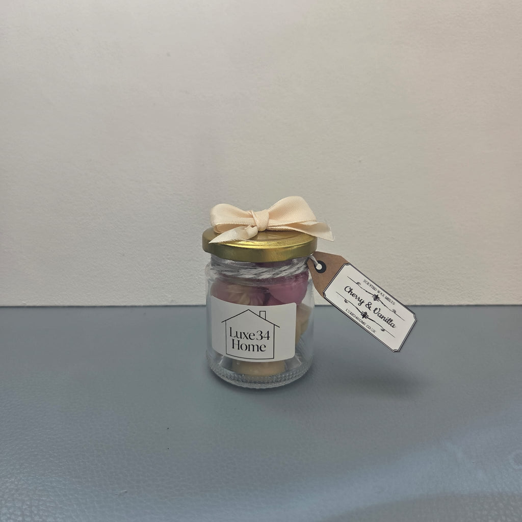 Cherry and Vanilla wax melts in glass jar with gold lid and cream ribbon, Luxe34 Home label