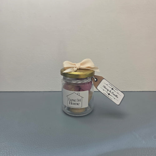Cherry and Vanilla wax melts in glass jar with gold lid and cream ribbon, Luxe34 Home label