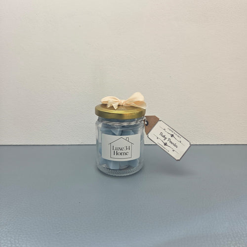 Baby Powder wax melts in glass jar with gold lid and cream ribbon bow, Luxe34 Home label