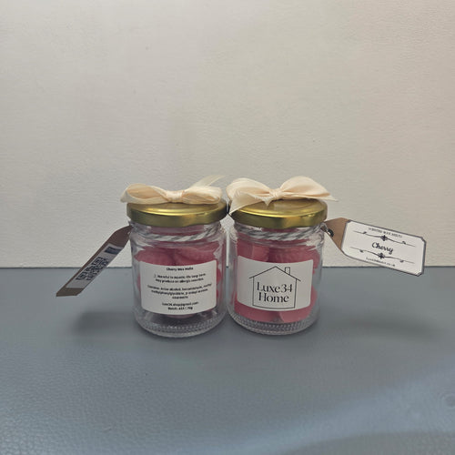 Two Cherry wax melt jars side by side showing front and back labels, Luxe34 Home