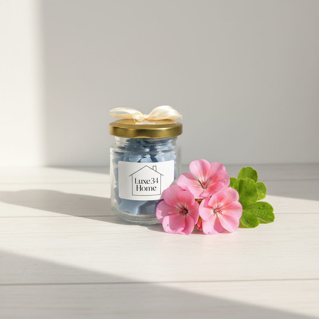 A glass jar candle with a gold lid and a white Luxe34 Home label, filled with blue wax and tied with a cream ribbon, styled on a white wooden surface next to pink flowers.