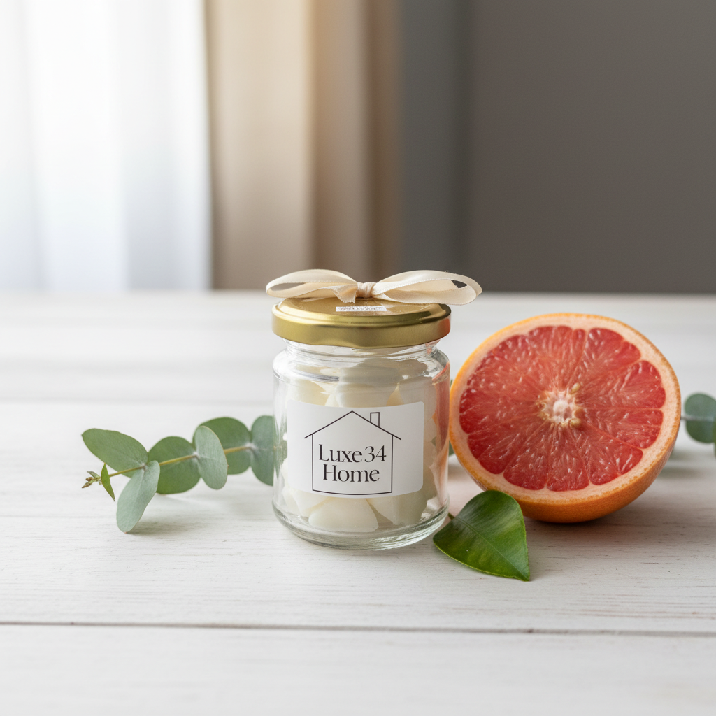 A clear glass jar with a gold lid and a cream ribbon bow, labeled 'Luxe34 Home', filled with white tablets, styled on a white wooden table with a sliced grapefruit and green leaves.