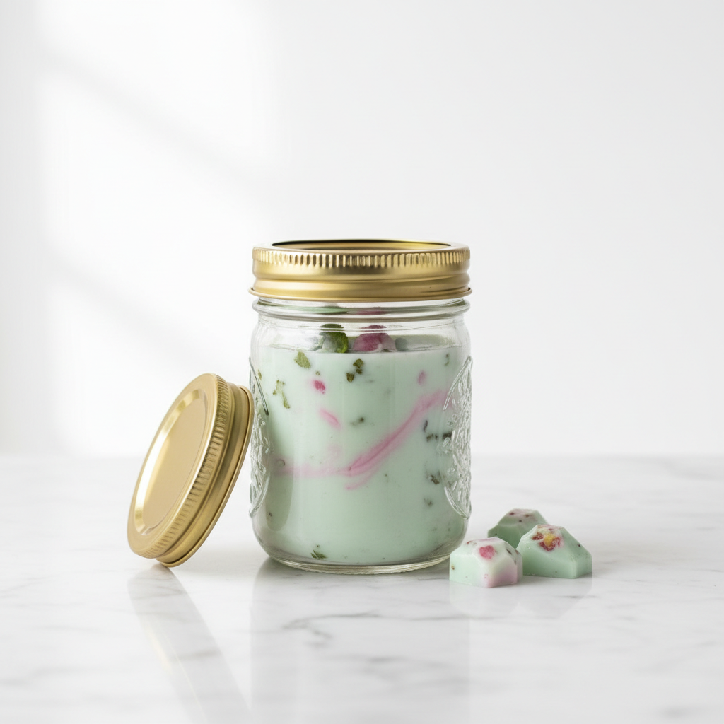 Luxury Mint and Rhubarb Wax Melts in eco mason jar – handmade scented wax melt by Luxe 34 Home