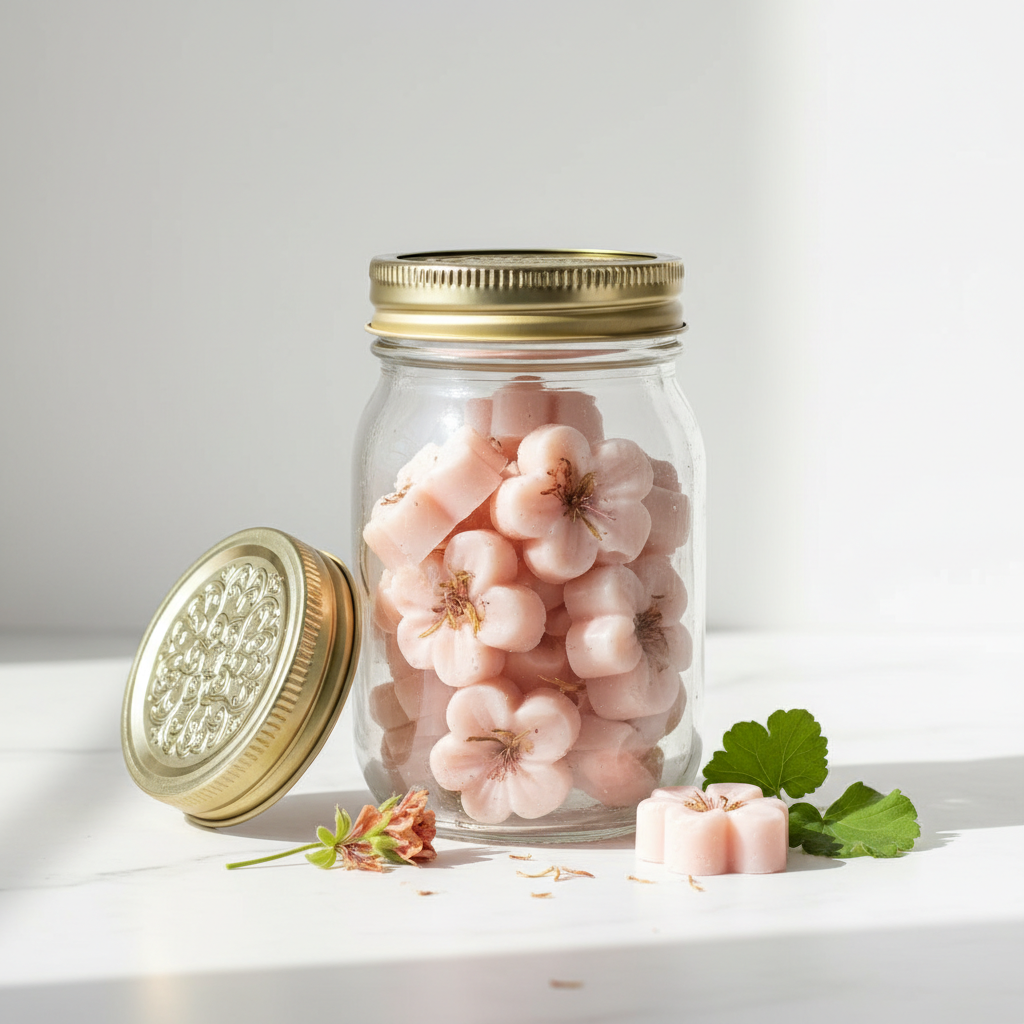 Luxury Geranium Wax Melts in eco mason jar – handmade scented wax melt by Luxe 34 Home