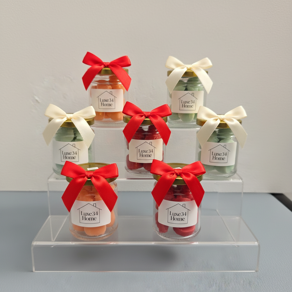 Five Luxe 34 Home wax melt jars displayed on clear acrylic risers with mixed red and cream satin ribbon bows, showing orange, green and red wax melts with gold lids