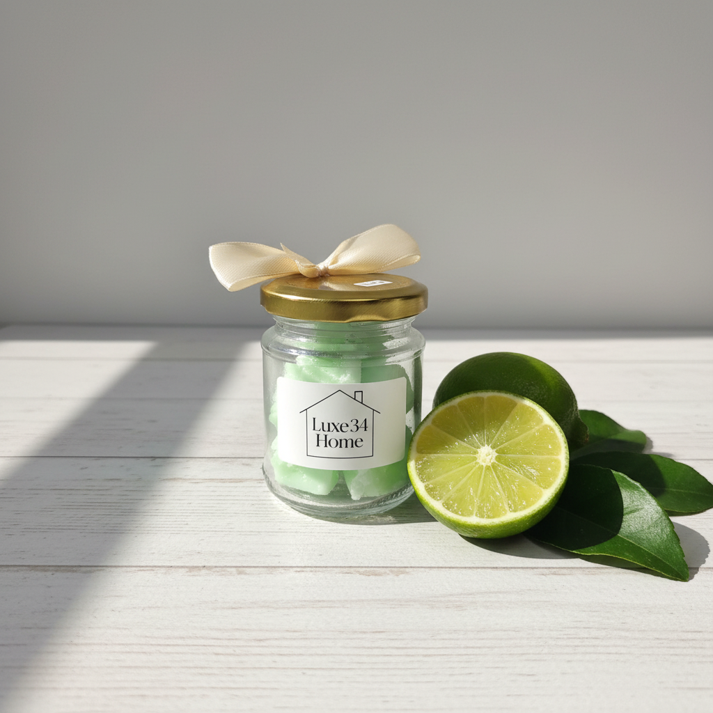A glass jar candle with a gold lid and cream ribbon bow, labeled 'Luxe34 Home', filled with pale green wax. It sits on a white wooden surface next to a sliced lime and green leaves, with soft natural shadows cast across the scene.