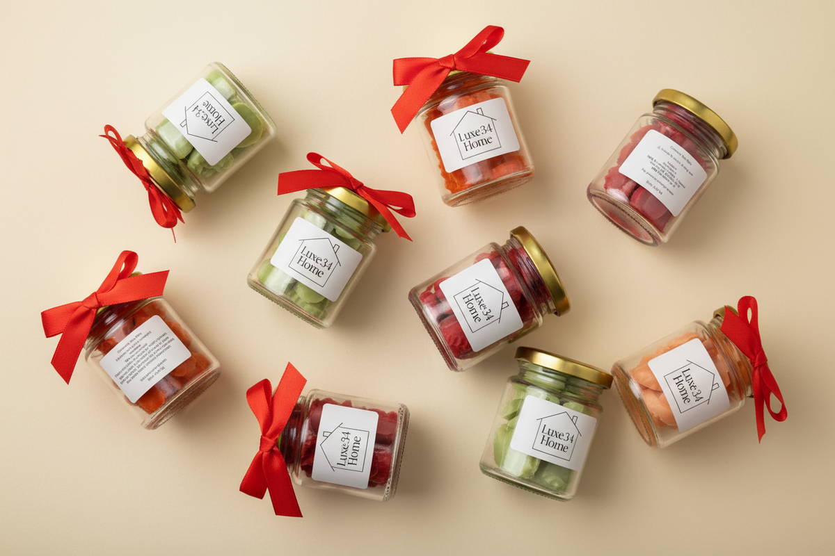 Nine small glass jars filled with colorful candies or sweets, arranged on a light beige background. Each jar has a white label reading 'Treats from Home' and is tied with a red ribbon, with some jars featuring gold lids and others clear lids.
