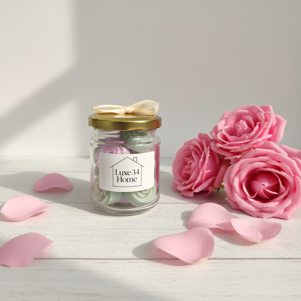 A small clear glass jar with a gold lid and a white label reading 'Luxe34 Home' sits on a white wooden surface beside pink rose petals and a bouquet of pink roses. The jar contains rolled pink and mint green items, and the scene is lit with soft natural shadows.