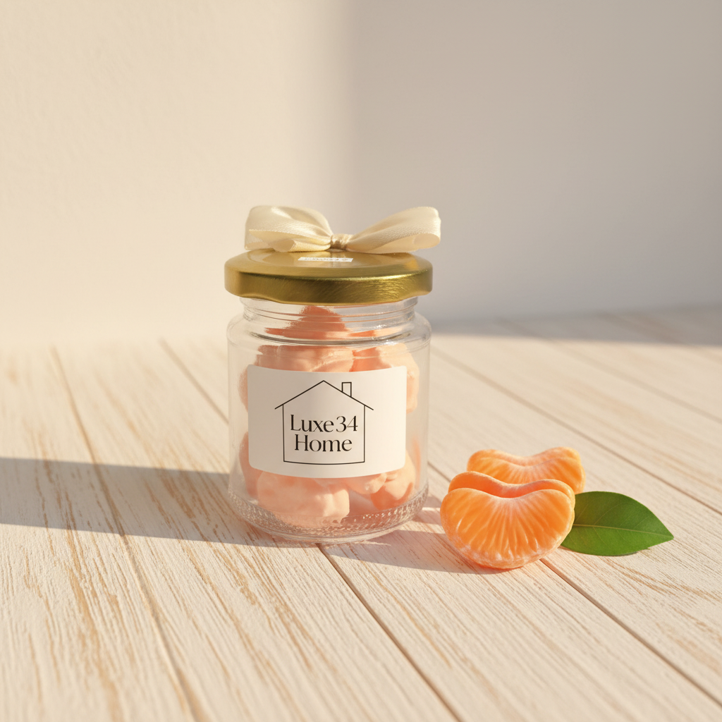 A clear glass jar filled with pale pink candy or soap bars, topped with a gold lid and a cream ribbon bow. A white label on the jar reads 'Luxe34 Home'.