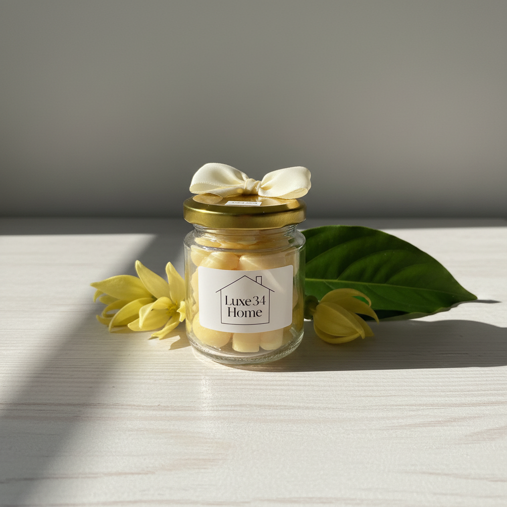 A small clear glass jar filled with pale yellow tablets, labeled 'Luxe34 Home,' sits on a light tabletop with yellow flowers and a green leaf beside it. The jar has a gold lid and a cream ribbon bow on top, photographed in soft natural light against a neutral gray background.
